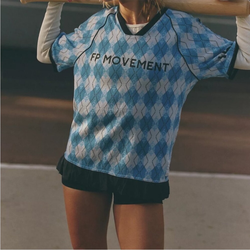 FP Movement by Free People Blue Argyle Short Sleeve Tee
